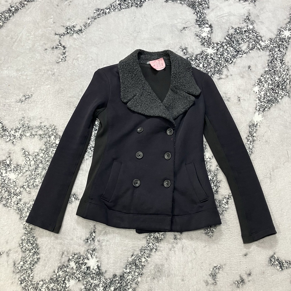 James Perse Navy Black Knit Peacoat Jacket‎ Sherpa Collar Women's Size 2/Small